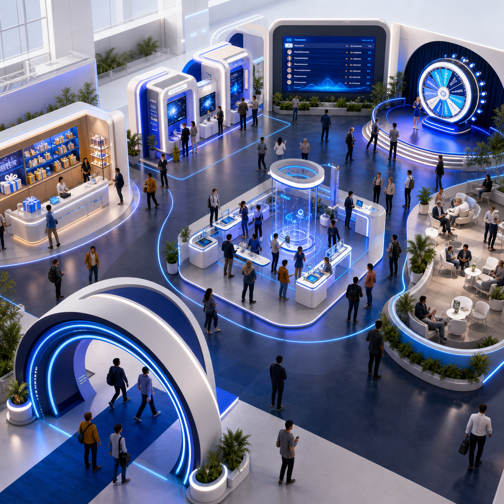 Trade-show floor plan showing booth and reward stops on the Event Passport route