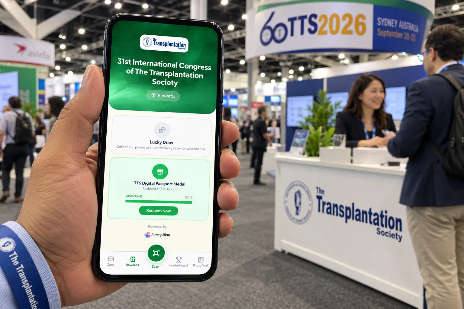 Supplied Passport illustration of a delegate checking rewards at a booth